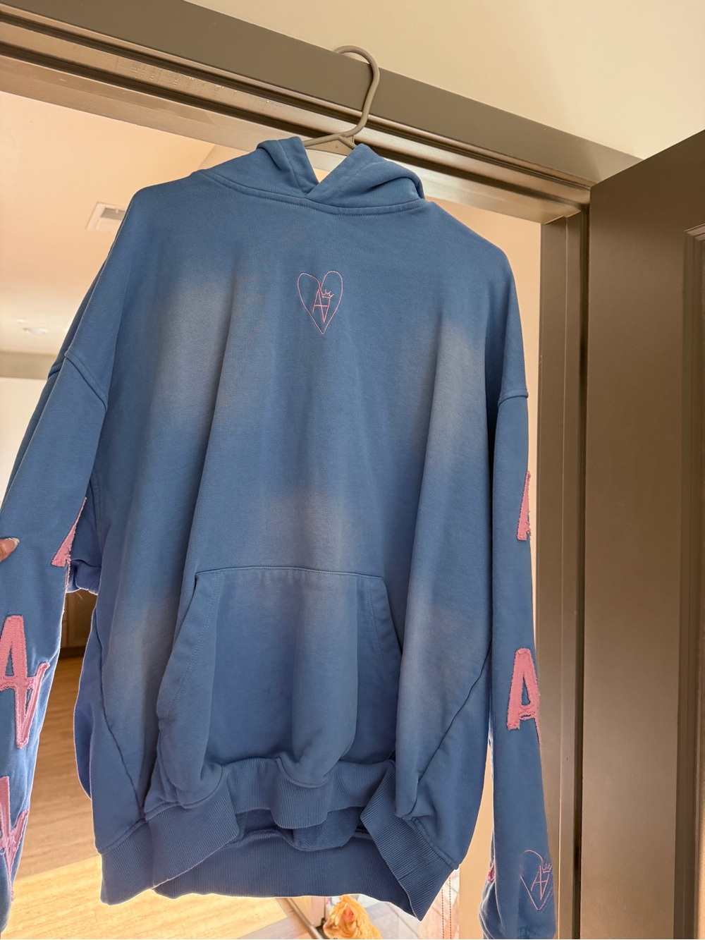 Blue Boutique Hoodie with Pink Embroidered Accents